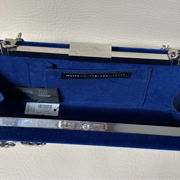 White House Black Market Royal Blue Velvet Clutch with Glass Crystal Flowers - Picture 4 of 7